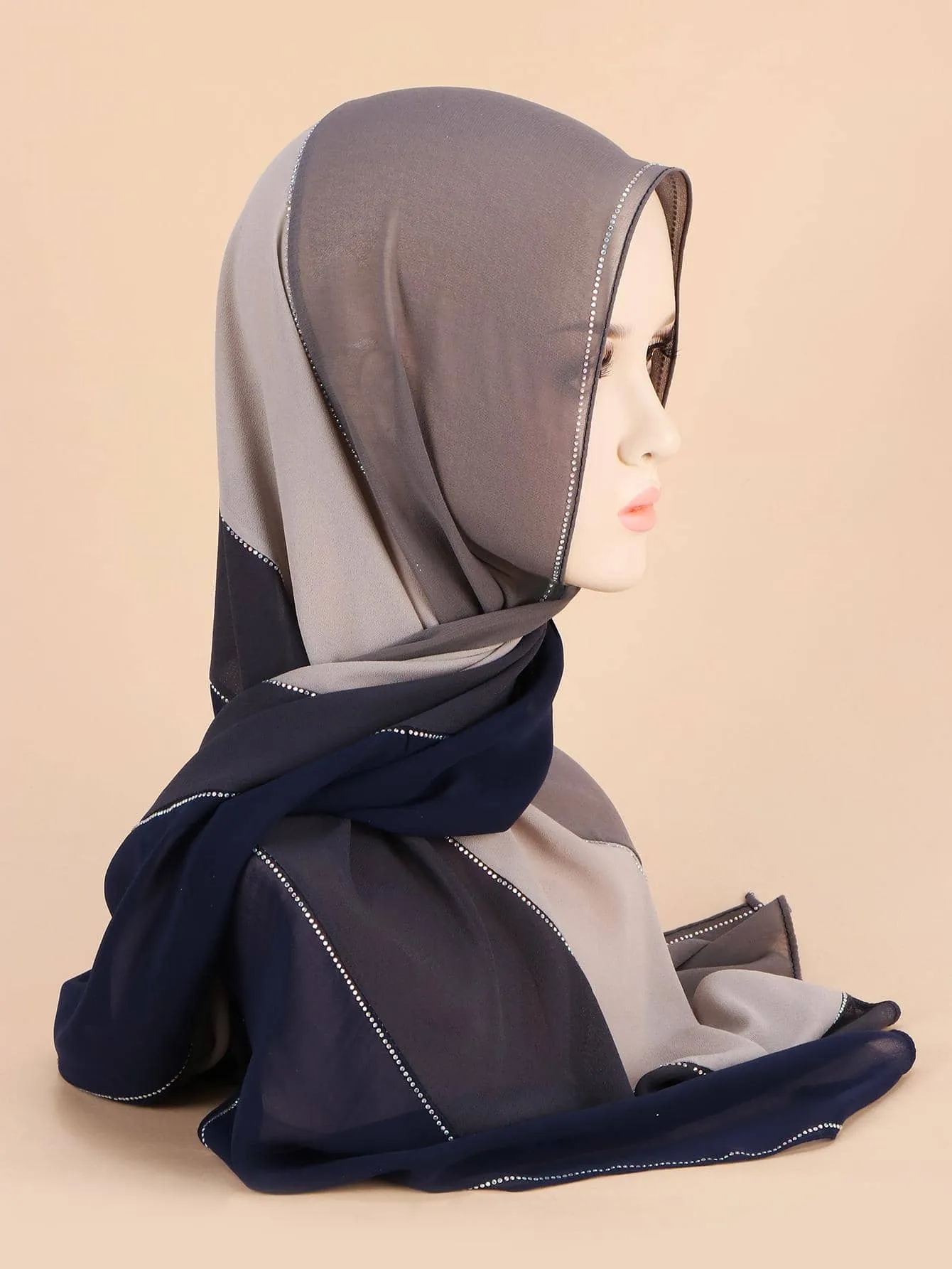 1pc Scarf Chiffon Patchwork Breathable Hijab With Rhinestone Decoration