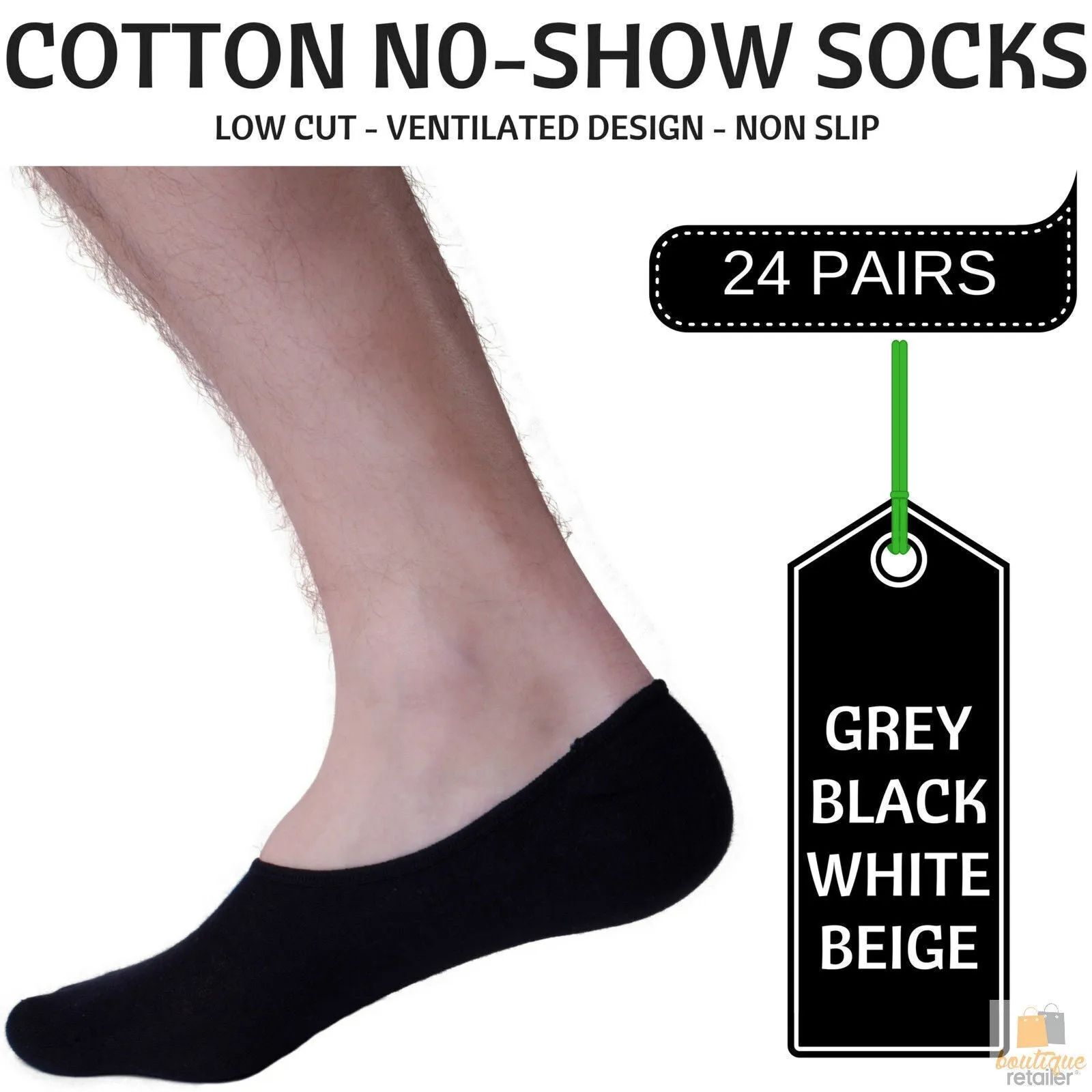 24x NO SHOW COTTON SOCKS Non Slip Heel Grip Low Cut Invisible Footlet Seamless