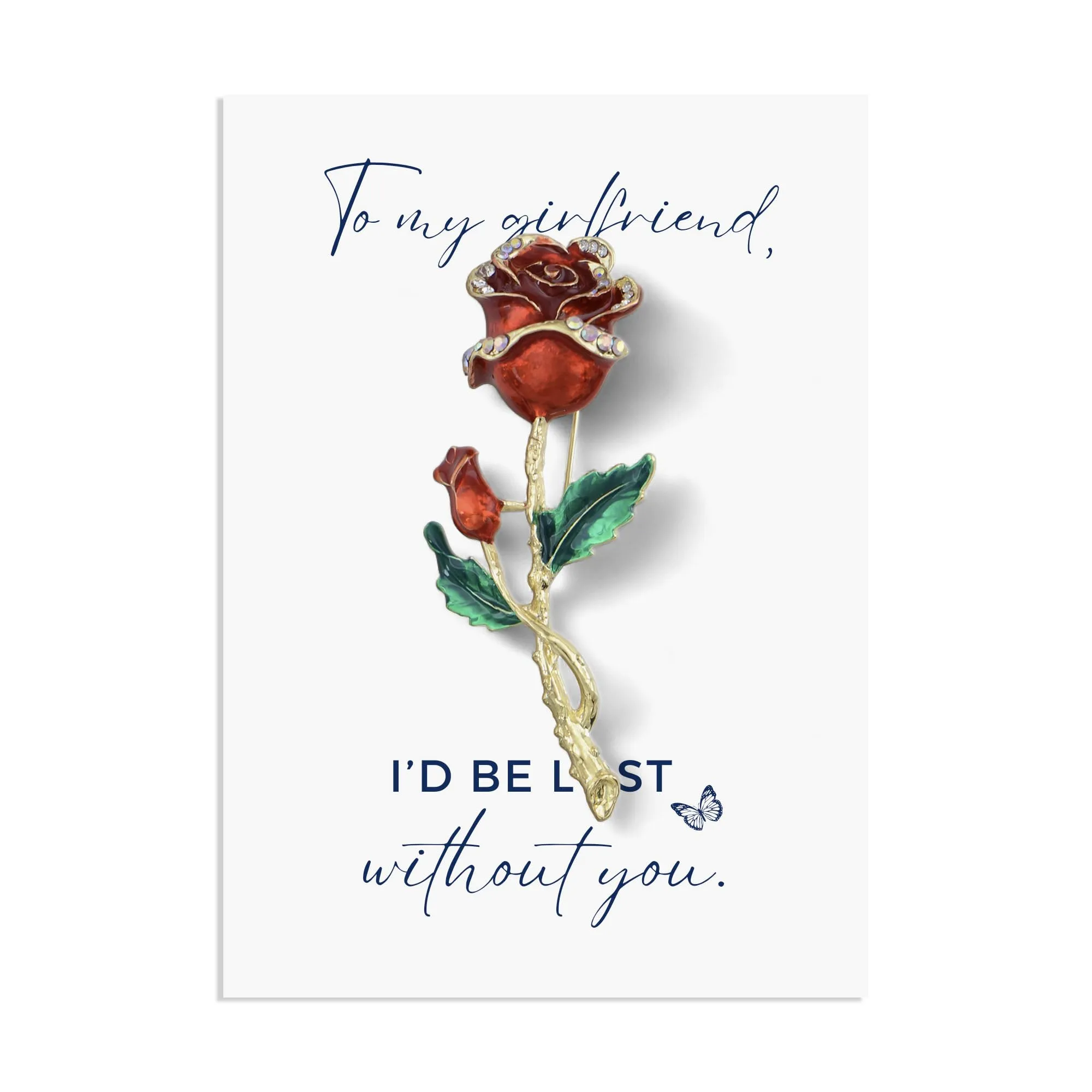 Alilang Red Rose Flower Enamel Gold Tone Stem Brooch Pin with Clear Rhinestones with Family Member or Friend Gift Message Card & Envelope Jewelry Gifts
