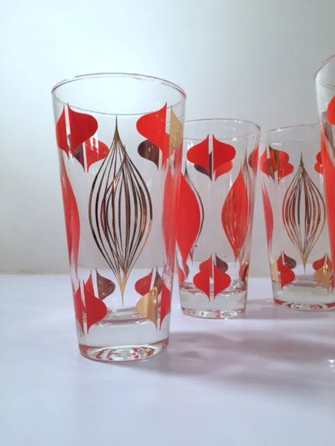Anchor Hocking Mid-Century Retro Orange and 22-Karat Gold Atomic Abstract Glasses (Set of 8)