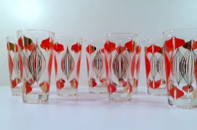Anchor Hocking Mid-Century Retro Orange and 22-Karat Gold Atomic Abstract Glasses (Set of 8)