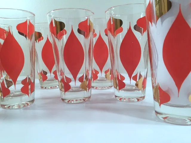 Anchor Hocking Mid-Century Retro Orange and 22-Karat Gold Atomic Abstract Glasses (Set of 8)