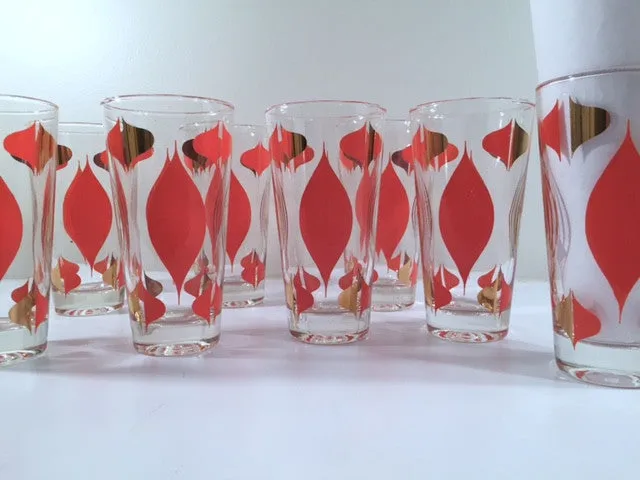 Anchor Hocking Mid-Century Retro Orange and 22-Karat Gold Atomic Abstract Glasses (Set of 8)
