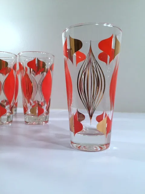 Anchor Hocking Mid-Century Retro Orange and 22-Karat Gold Atomic Abstract Glasses (Set of 8)