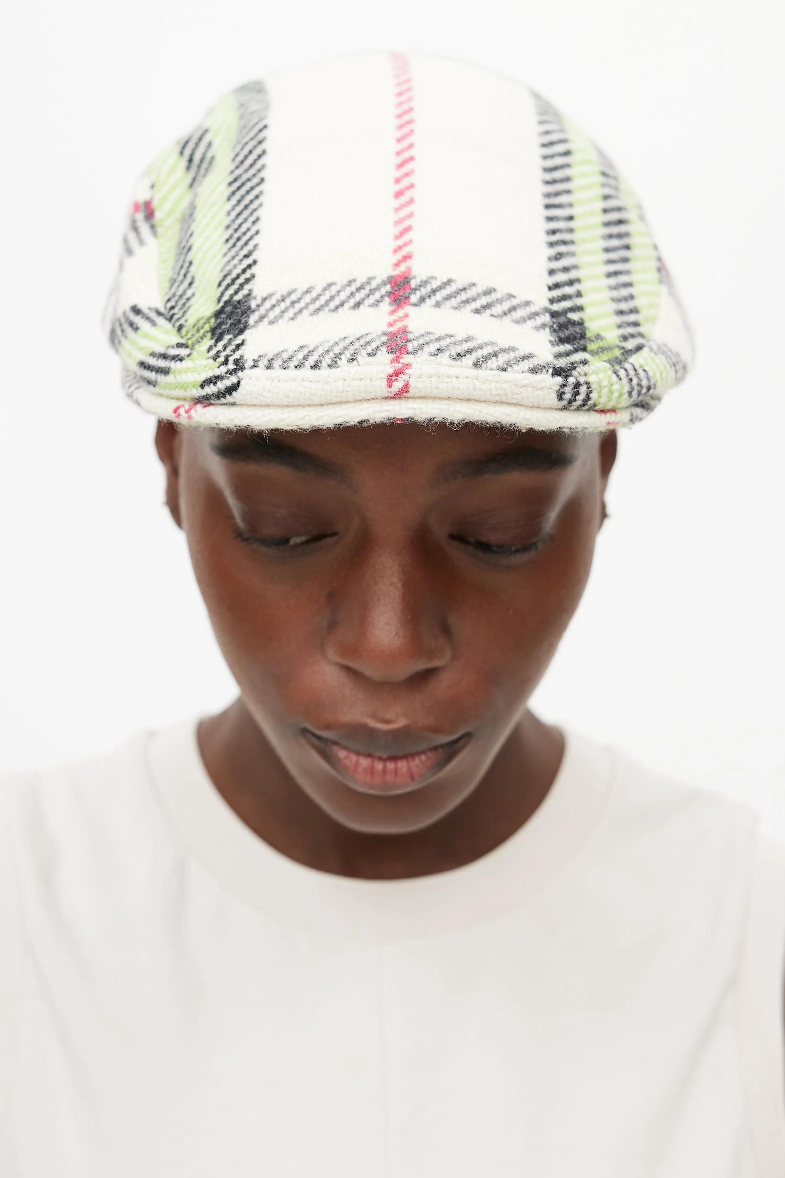 Beige & Green Wool Check Newsboy Hat