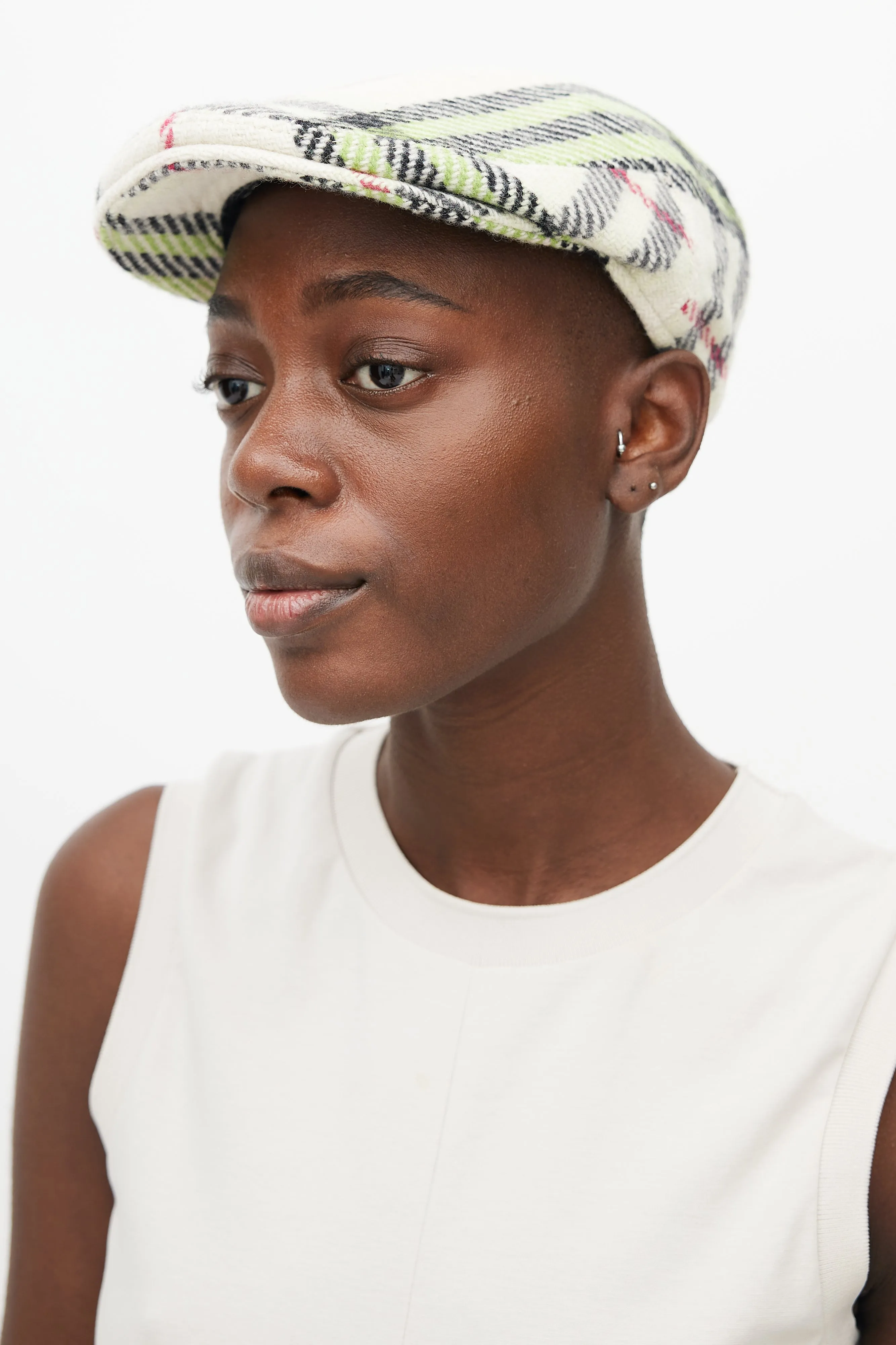 Beige & Green Wool Check Newsboy Hat