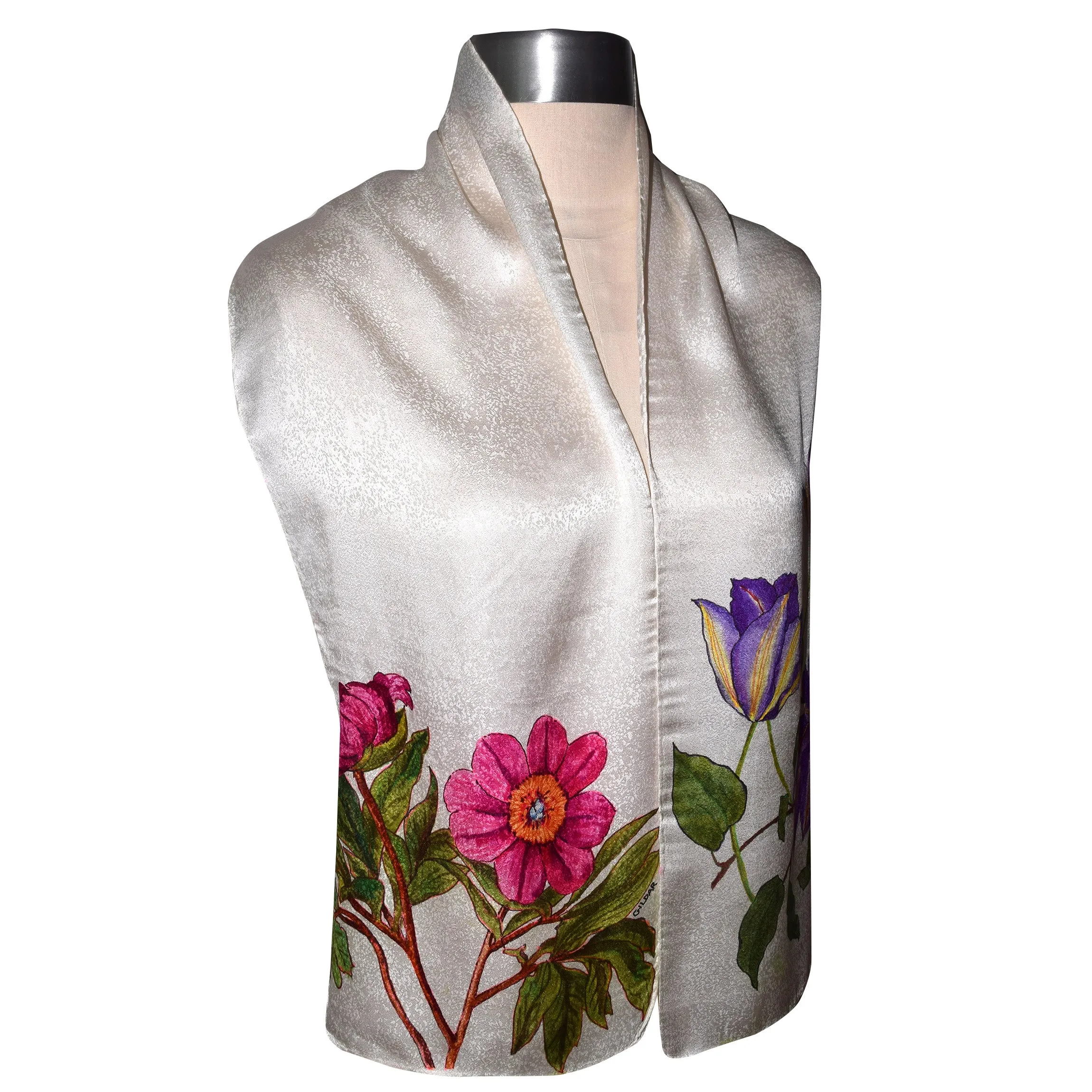 Clematis and Peony Floral Hand Painted Jacquard Silk Scarf