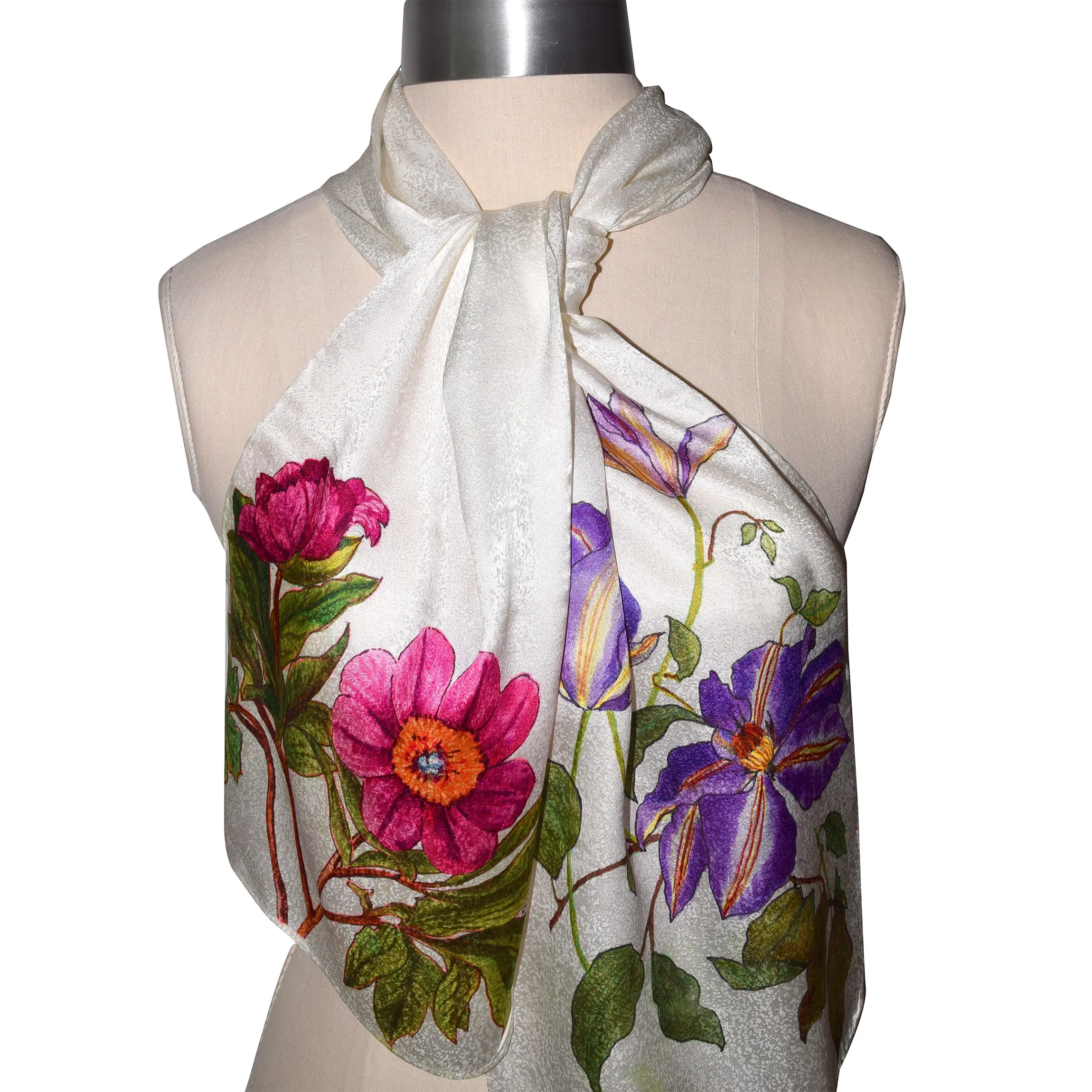 Clematis and Peony Floral Hand Painted Jacquard Silk Scarf