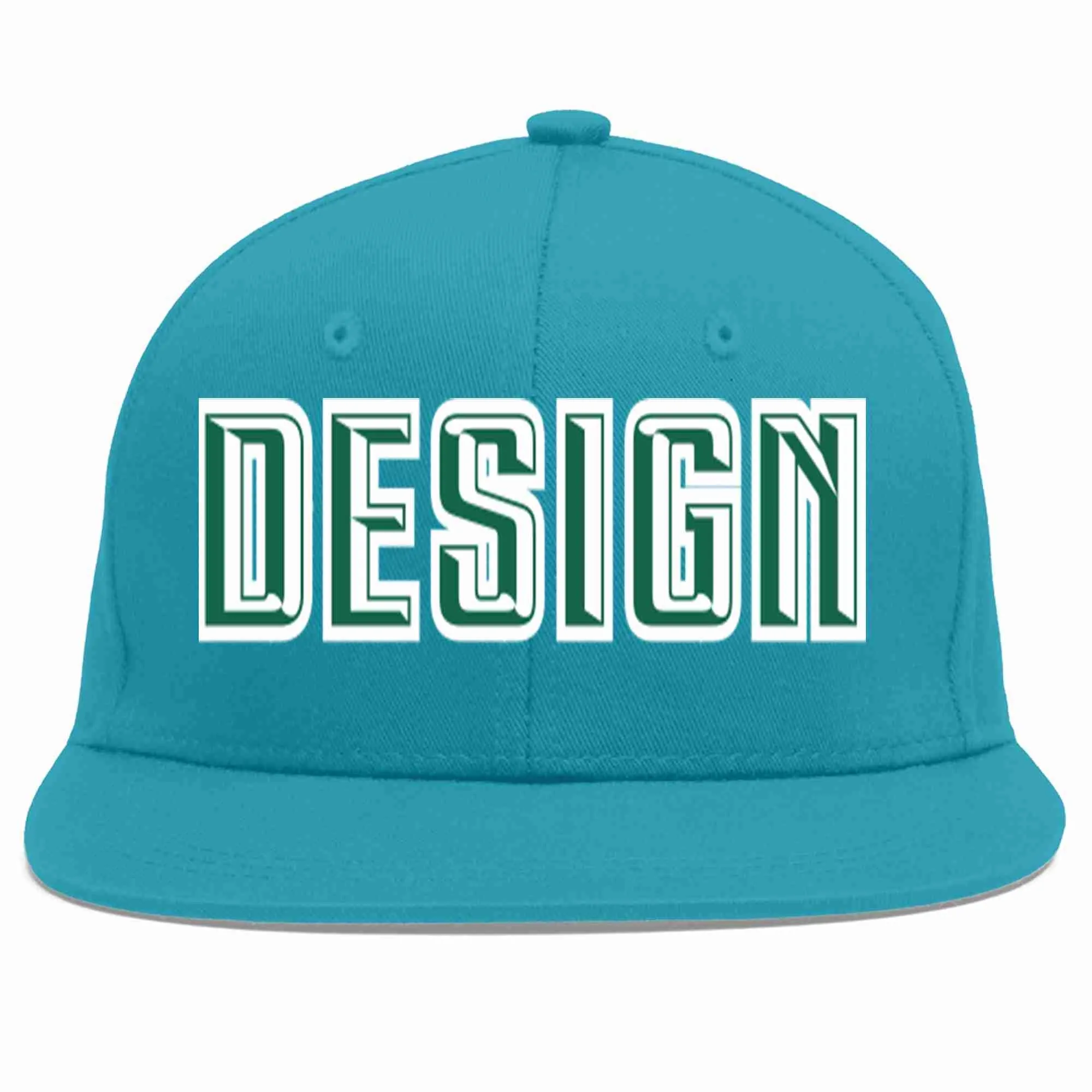 Custom Aqua Kelly Green-White Flat Eaves Sport Baseball Cap Design for Men/Women/Youth