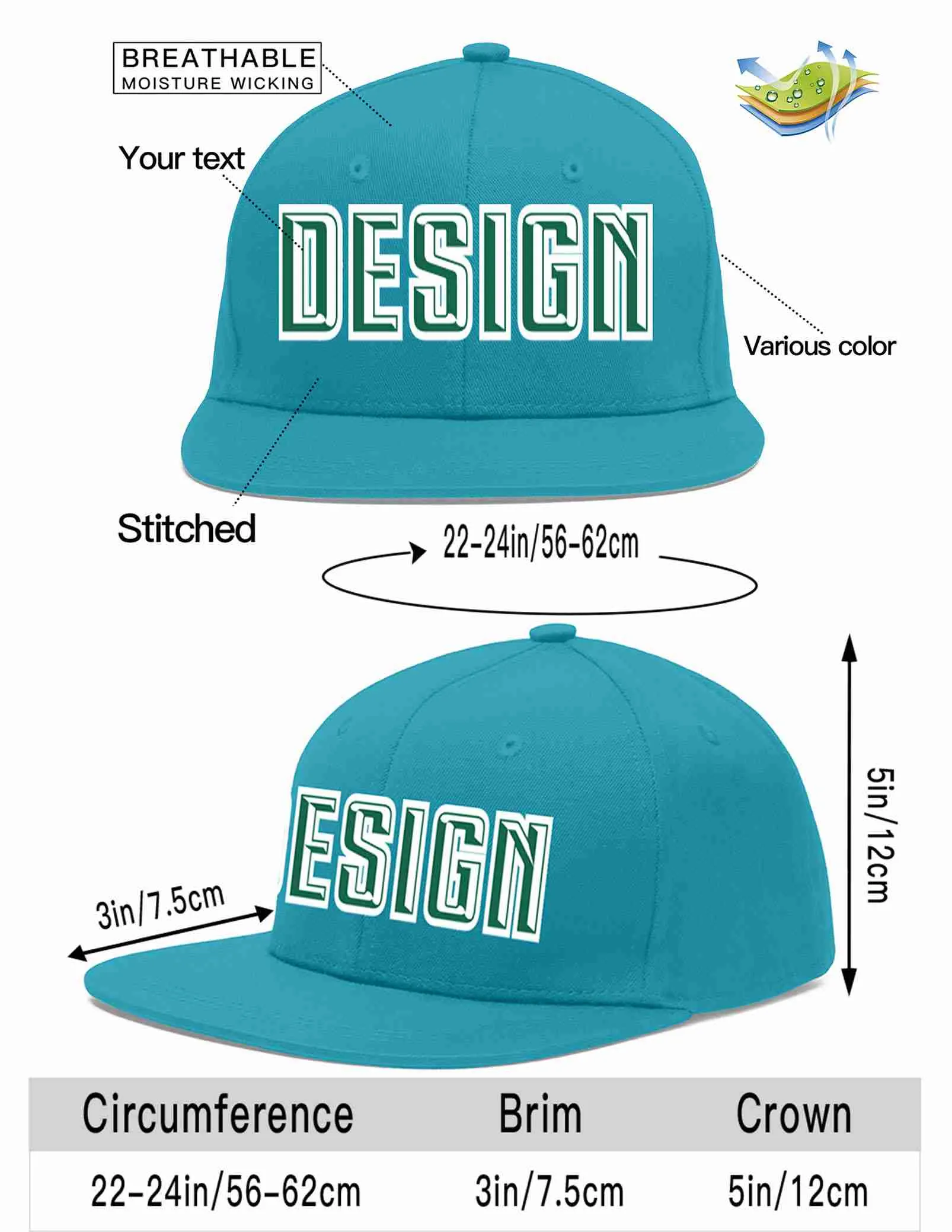 Custom Aqua Kelly Green-White Flat Eaves Sport Baseball Cap Design for Men/Women/Youth