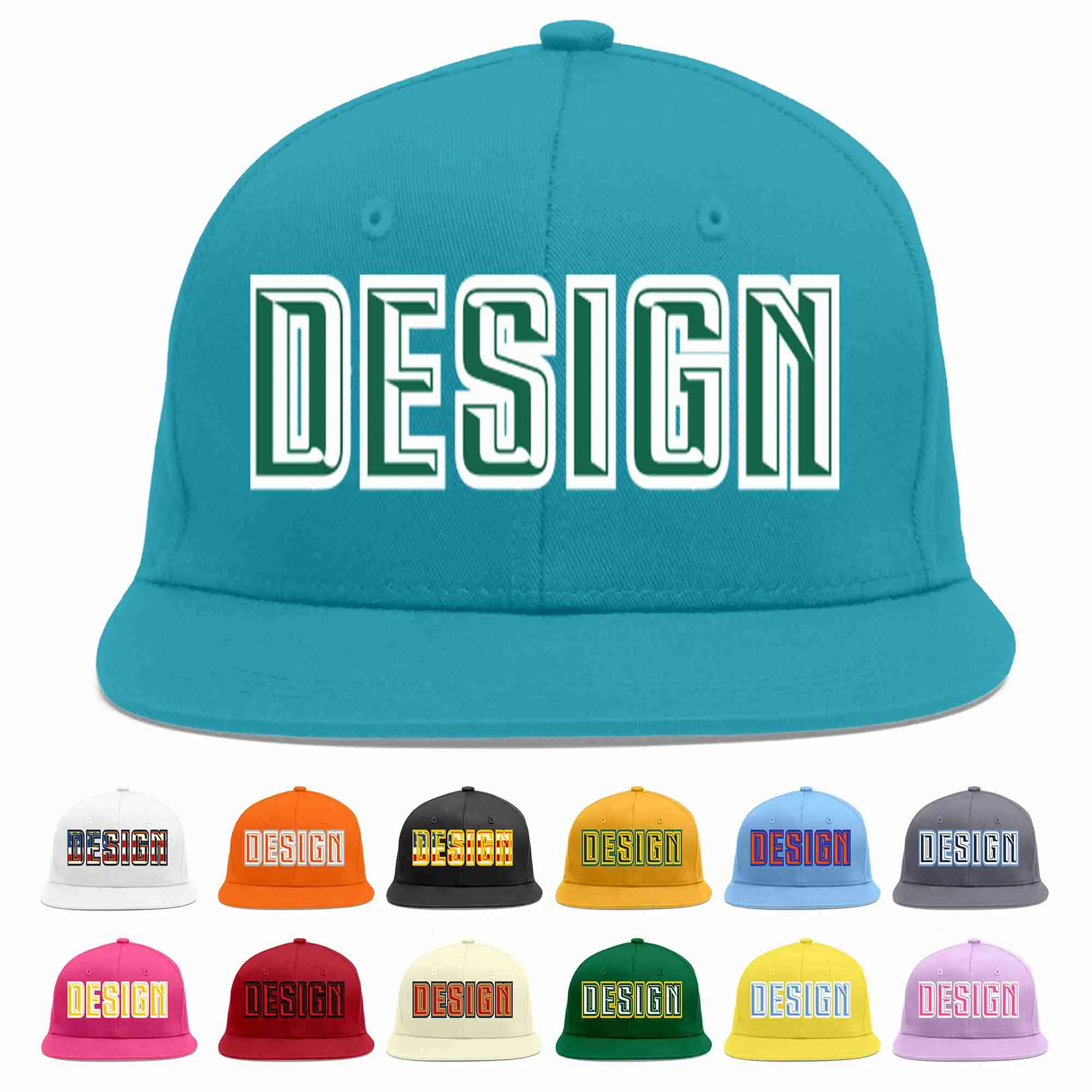Custom Aqua Kelly Green-White Flat Eaves Sport Baseball Cap Design for Men/Women/Youth