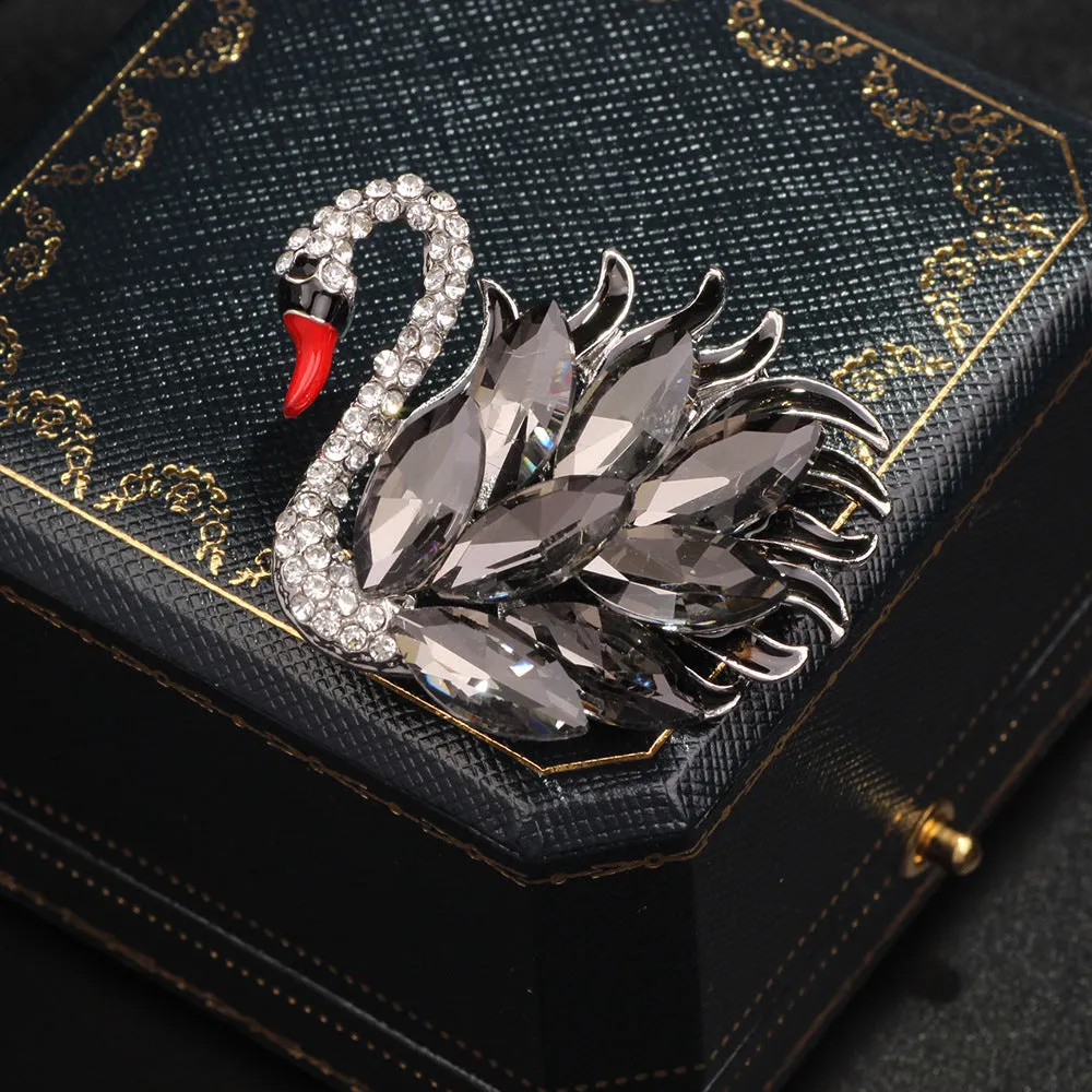 Elegant Black Rhinestone Swan Brooch with Red Mouth ,Women Collection Jewelry