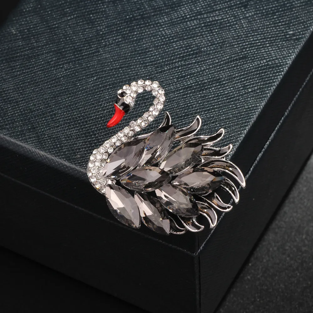 Elegant Black Rhinestone Swan Brooch with Red Mouth ,Women Collection Jewelry