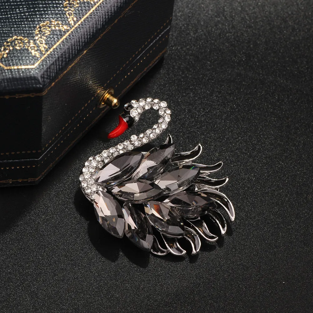 Elegant Black Rhinestone Swan Brooch with Red Mouth ,Women Collection Jewelry