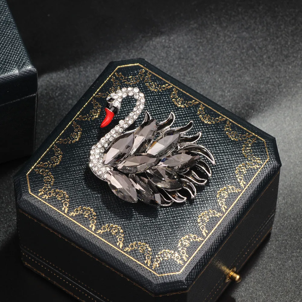 Elegant Black Rhinestone Swan Brooch with Red Mouth ,Women Collection Jewelry