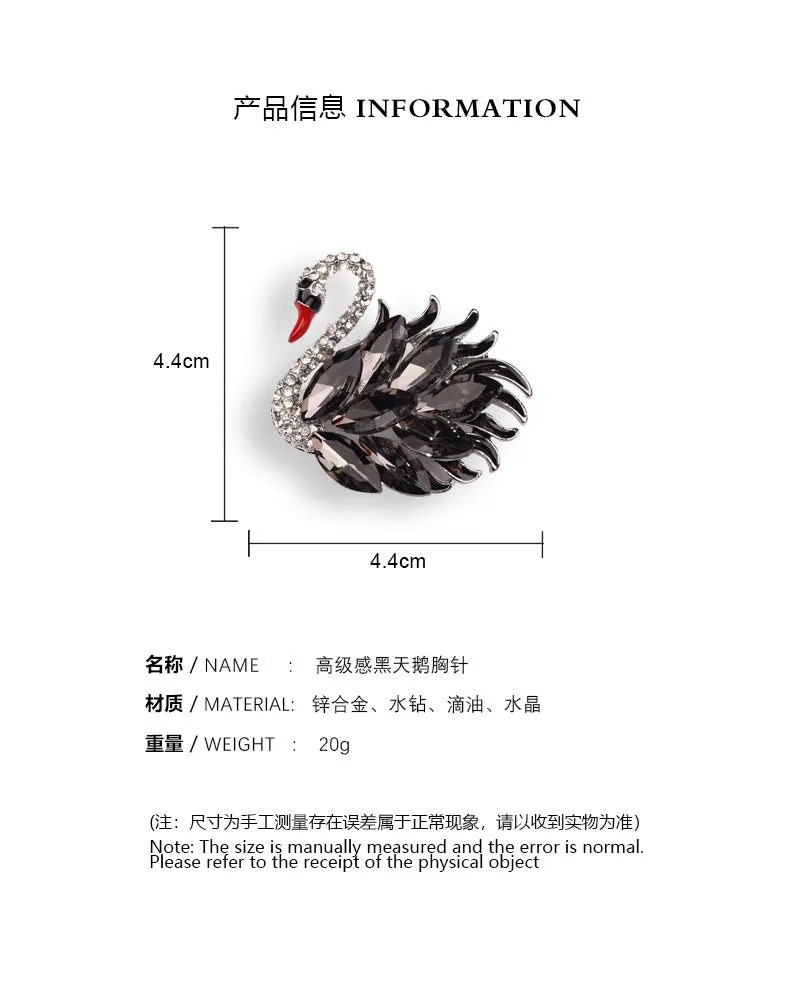 Elegant Black Rhinestone Swan Brooch with Red Mouth ,Women Collection Jewelry