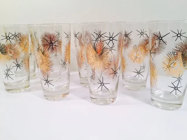 Federal Glass Mid Century 22 - Karat Gold and Black Retro Atomic Glasses (Set of 8)