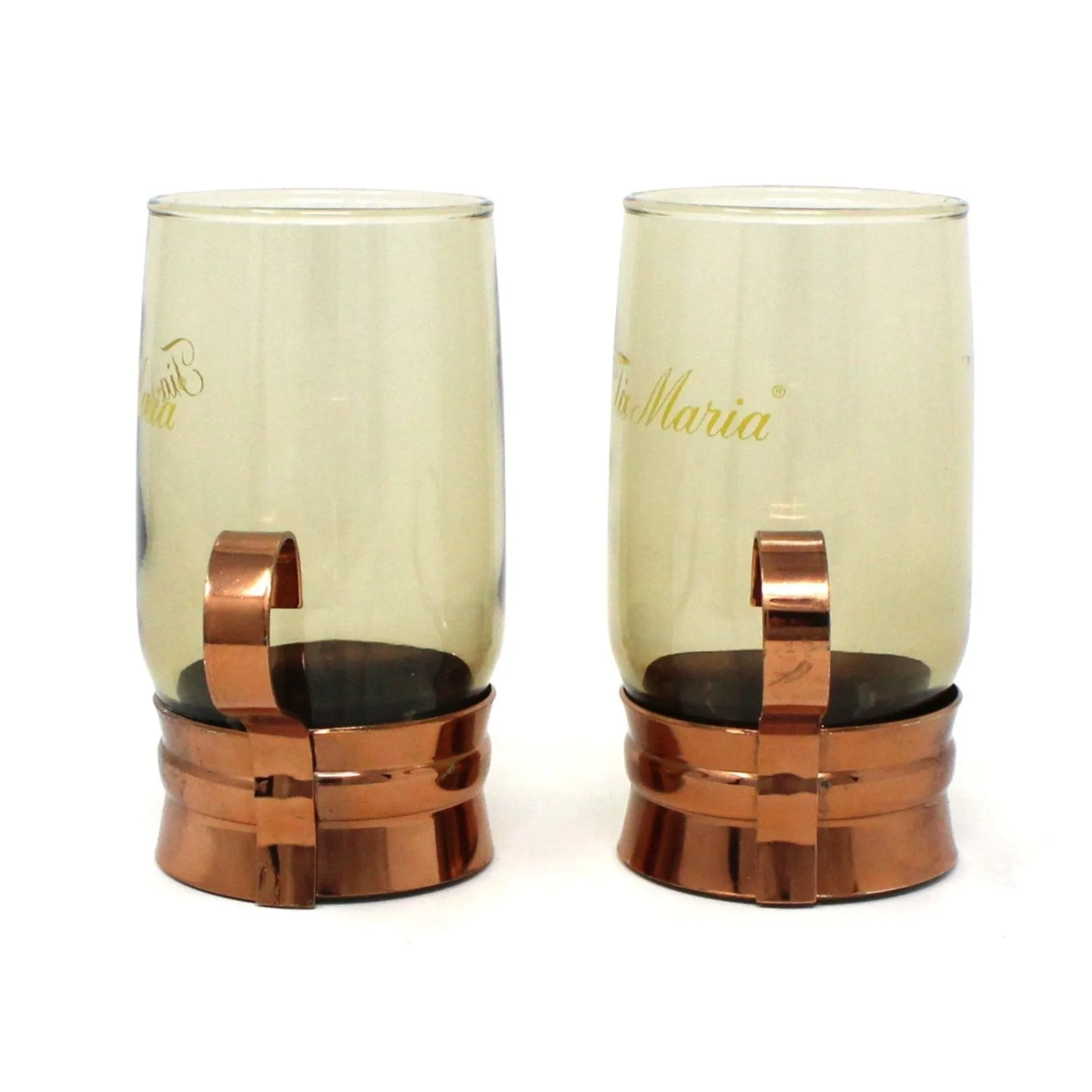 Glasses, Tia Maria Mugs, Smoked Glass & Copper Holder, Set of 2, Vintage Barware