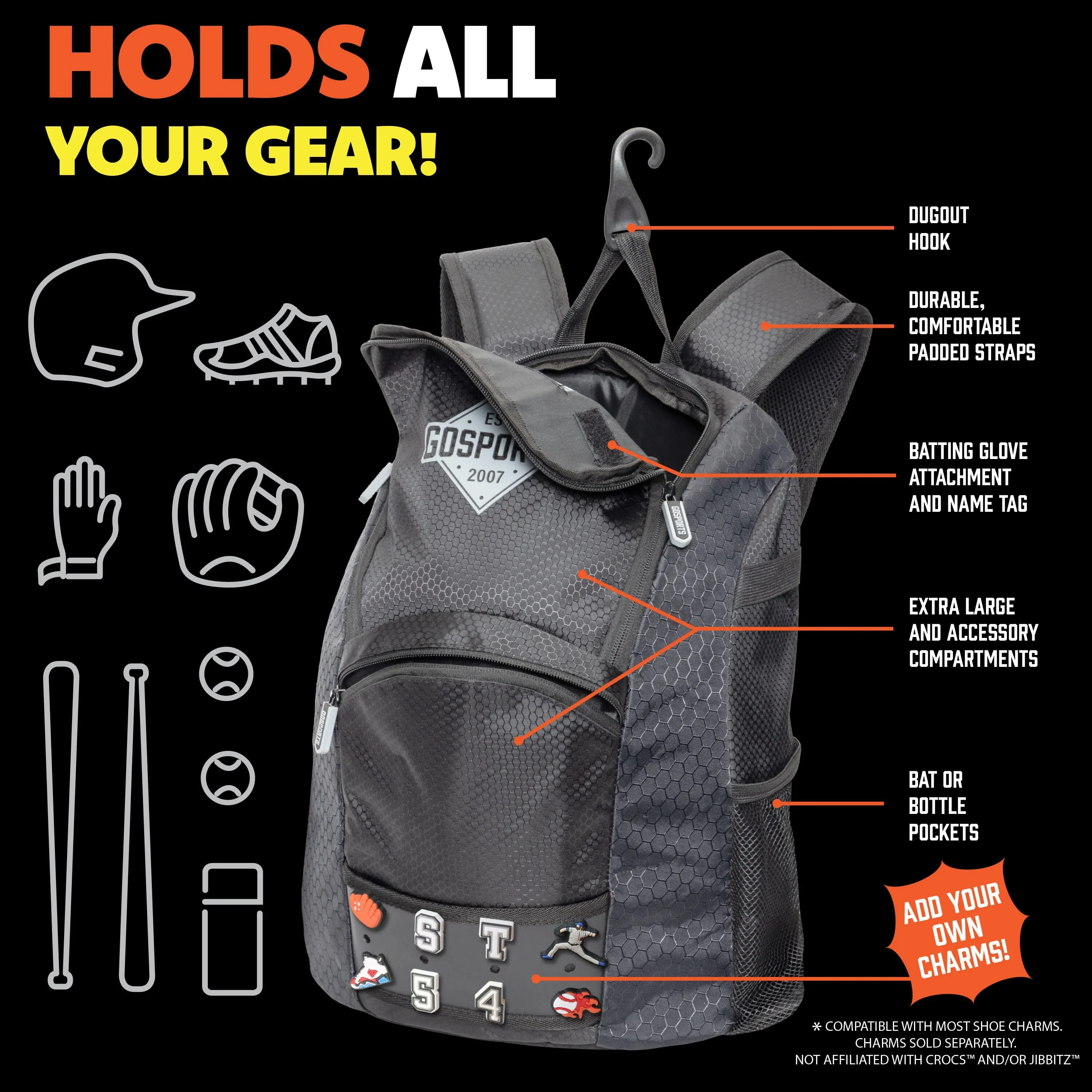 GoSports Youth Baseball and Softball Bag with Customizable Charm Panel