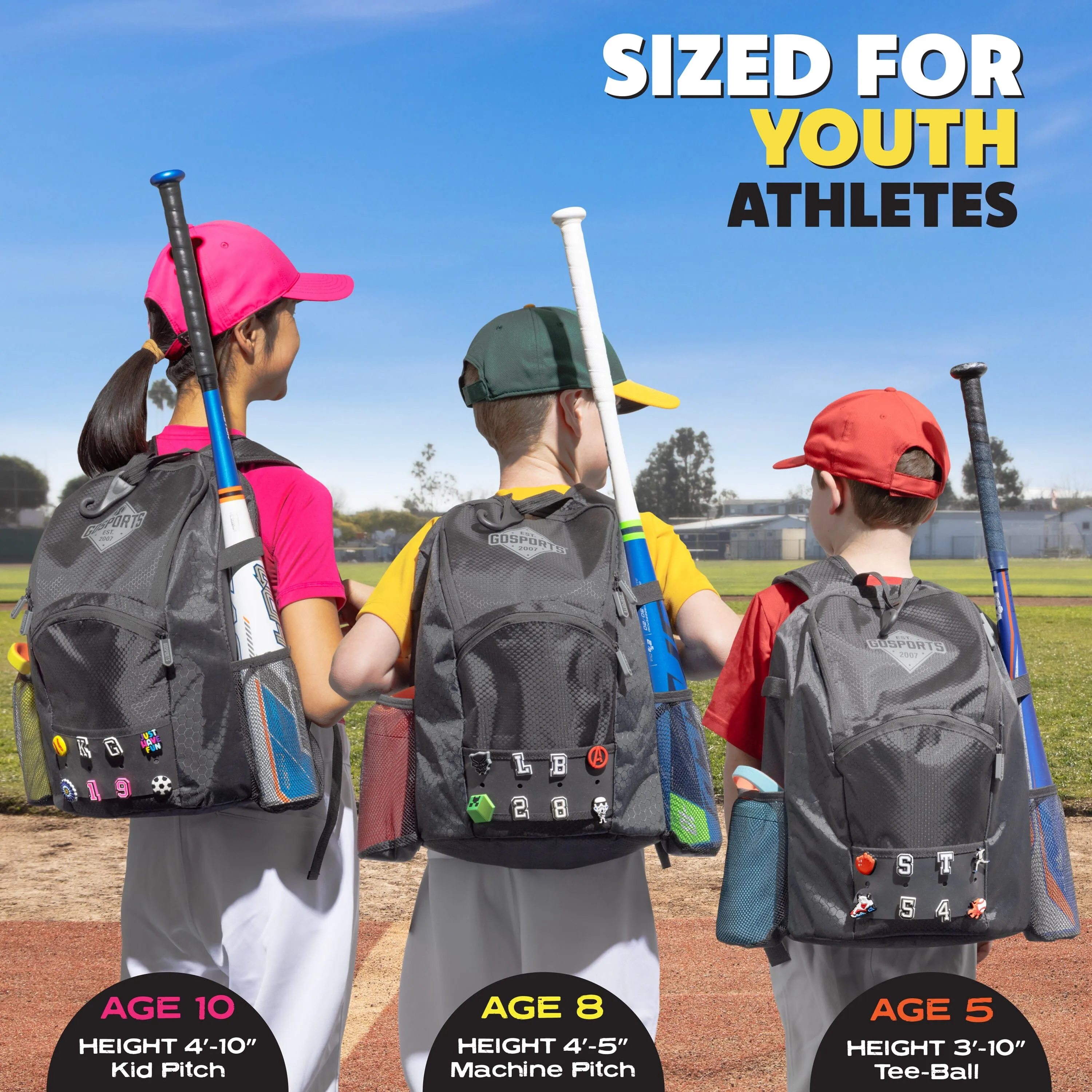 GoSports Youth Baseball and Softball Bag with Customizable Charm Panel