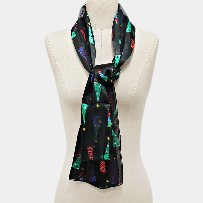 Holiday Satin Striped Christmas Tree Print Scarf Black Rectangle
