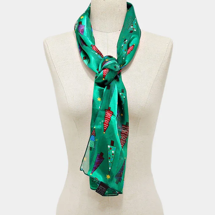 Holiday Satin Striped Christmas Tree Print Scarf Green Rectangle