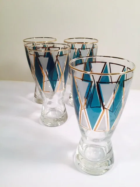 Libbey Emerald - Blue and Gold Diamond Pilsner Glasses (Set of 4)