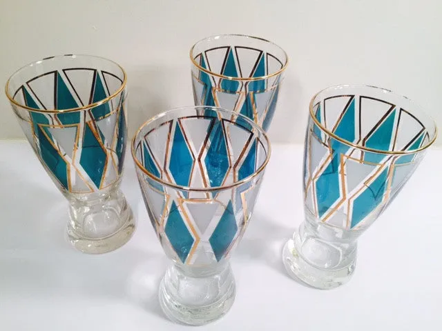 Libbey Emerald - Blue and Gold Diamond Pilsner Glasses (Set of 4)