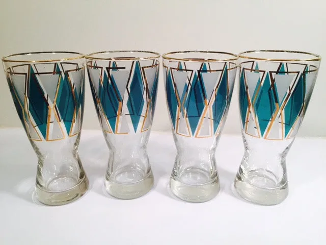 Libbey Emerald - Blue and Gold Diamond Pilsner Glasses (Set of 4)