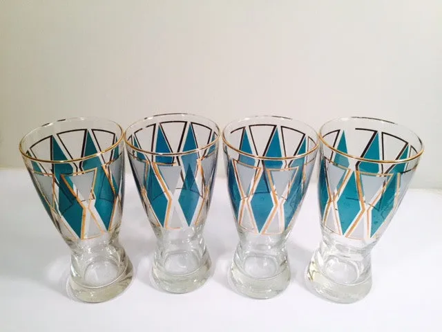 Libbey Emerald - Blue and Gold Diamond Pilsner Glasses (Set of 4)
