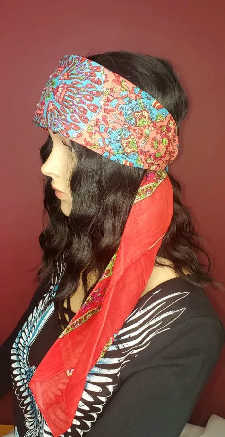 Long Coral and Turquoise Scarf with Rose, Light Green and Diamond Clear Austrian Crystals (sku3051)