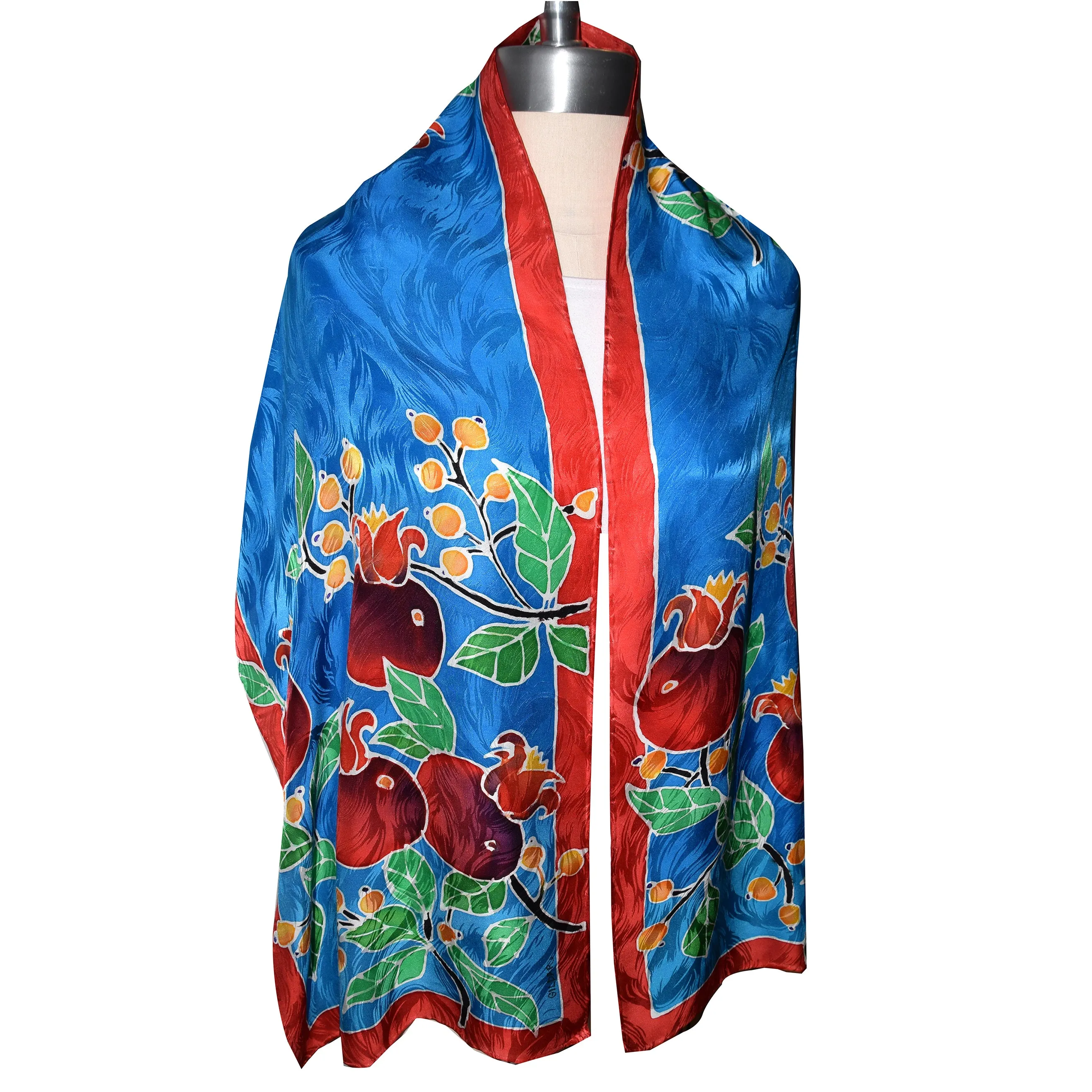 Pomegranates on Blue Jacquard Silk Wrap
