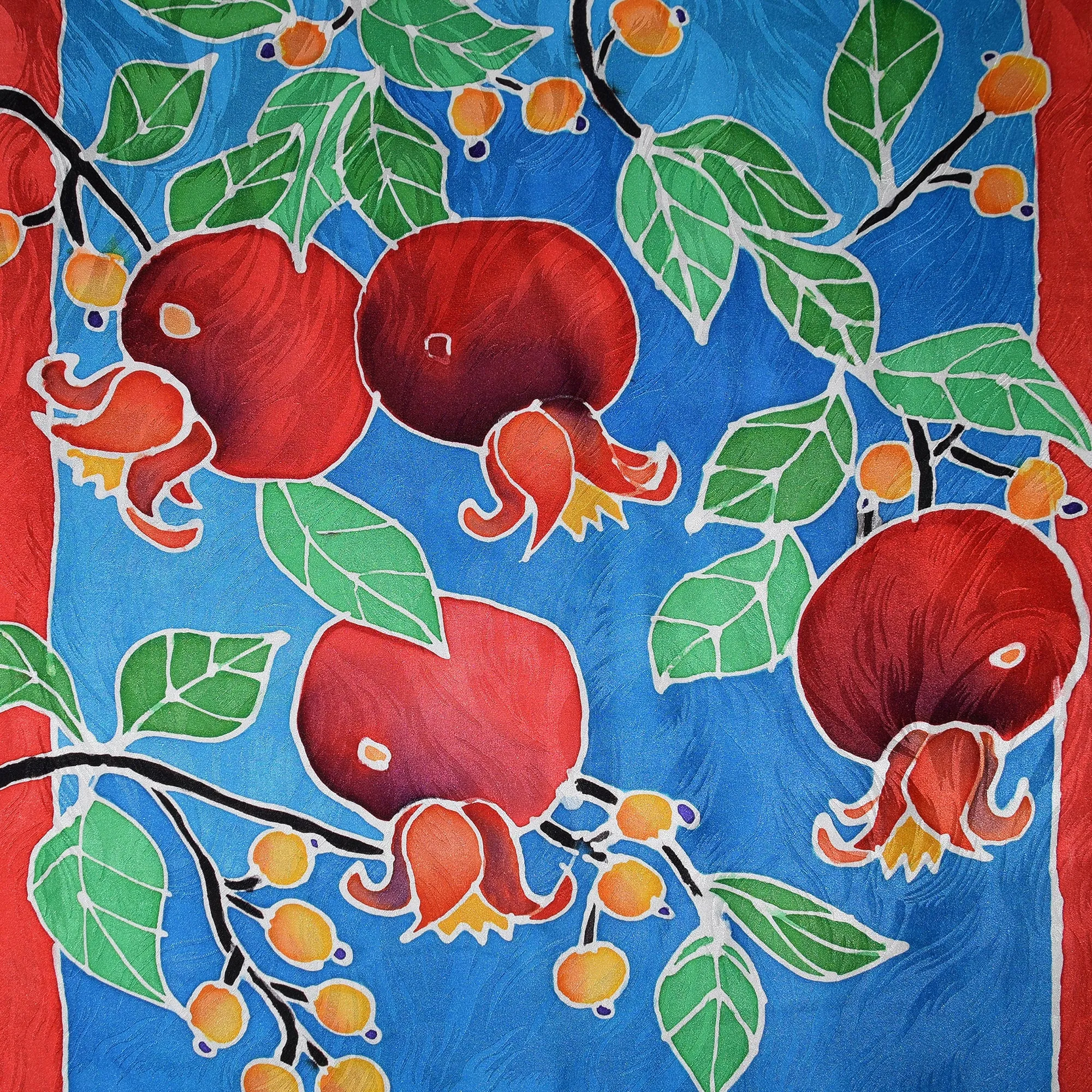 Pomegranates on Blue Jacquard Silk Wrap