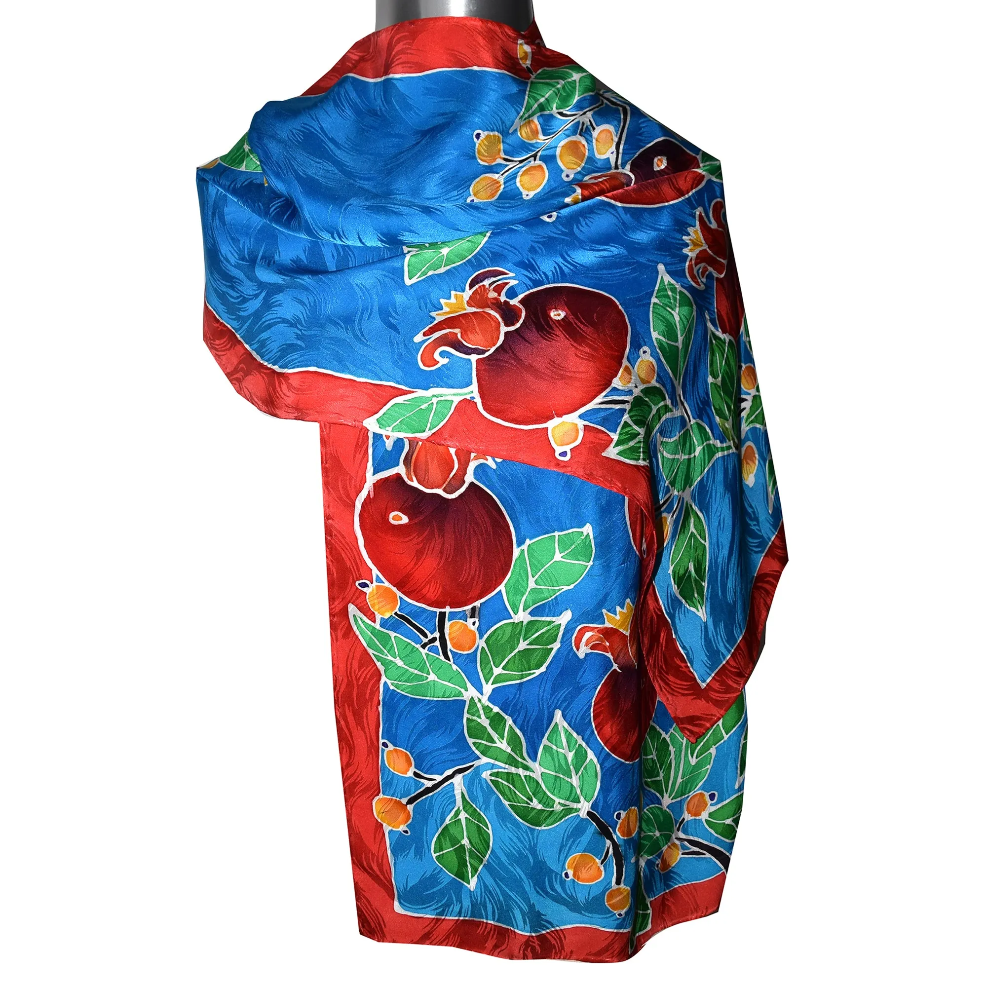 Pomegranates on Blue Jacquard Silk Wrap