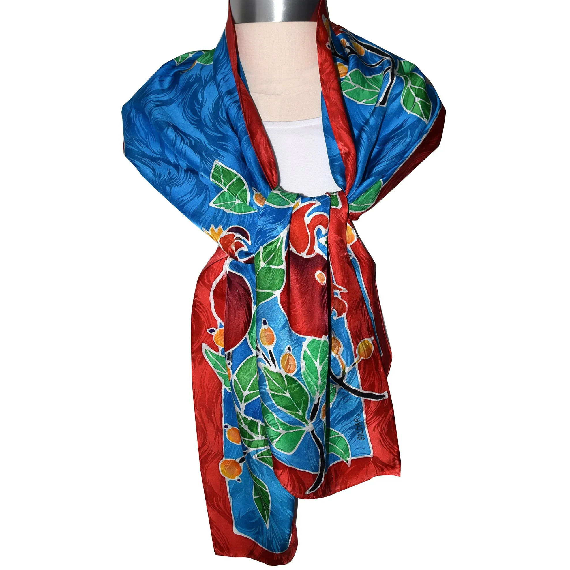 Pomegranates on Blue Jacquard Silk Wrap
