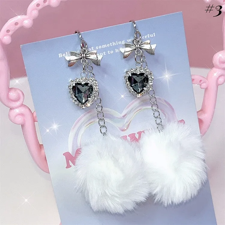 Pompons & Rhinestone Detail Jirai Kei Ear Clips