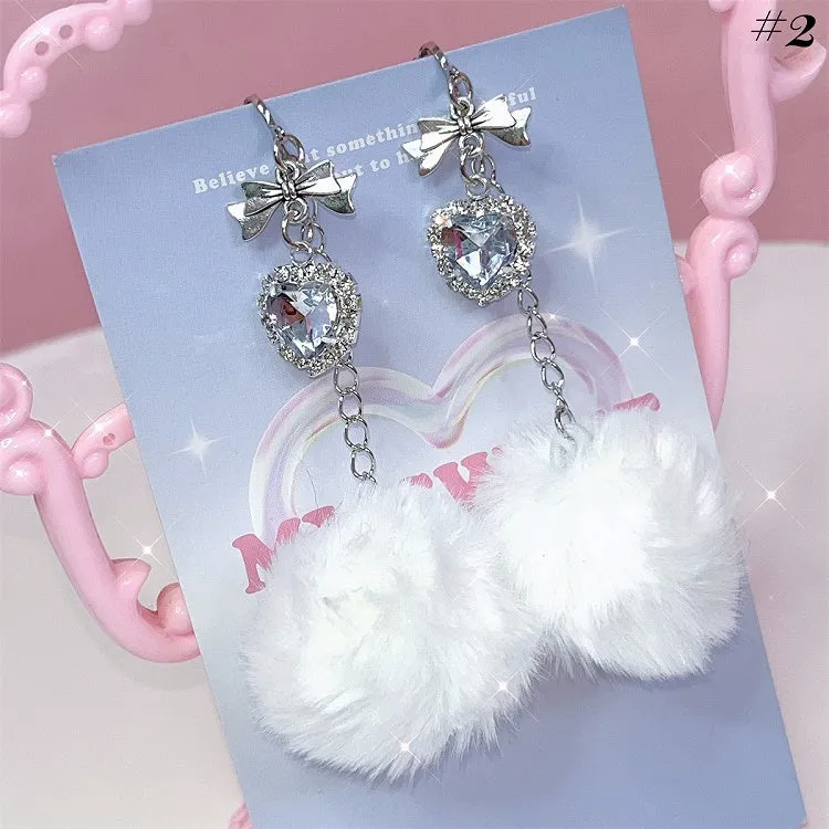 Pompons & Rhinestone Detail Jirai Kei Ear Clips