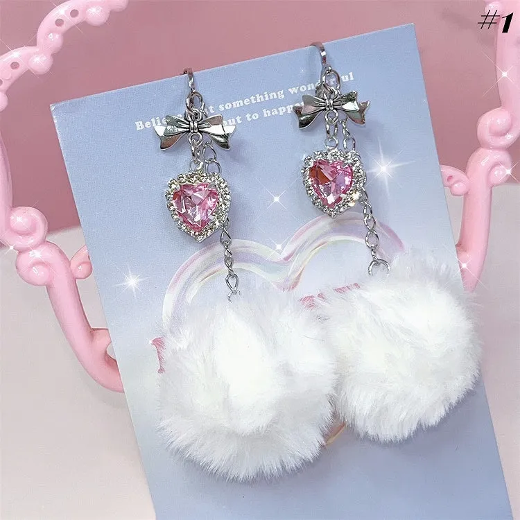 Pompons & Rhinestone Detail Jirai Kei Ear Clips