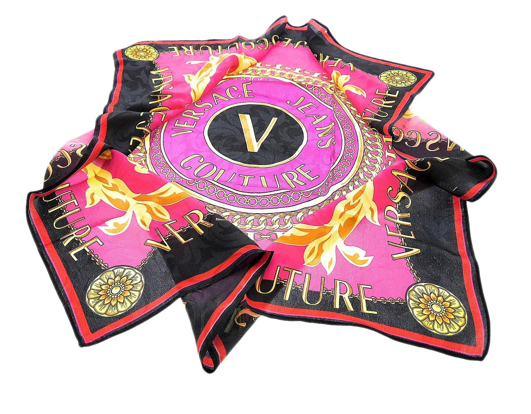 Versace Jeans Couture Silk Cloth Foulard Baroque Logo Pink/Black/Gold, pink, One size