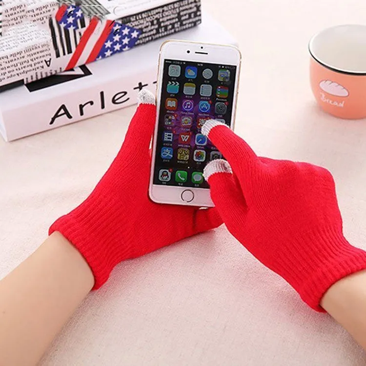 Winter Touch Screen Gloves Women Men Warm Stretch Knit Mittens Imitation Wool Thicken Full Finger Gloves(C-Red)